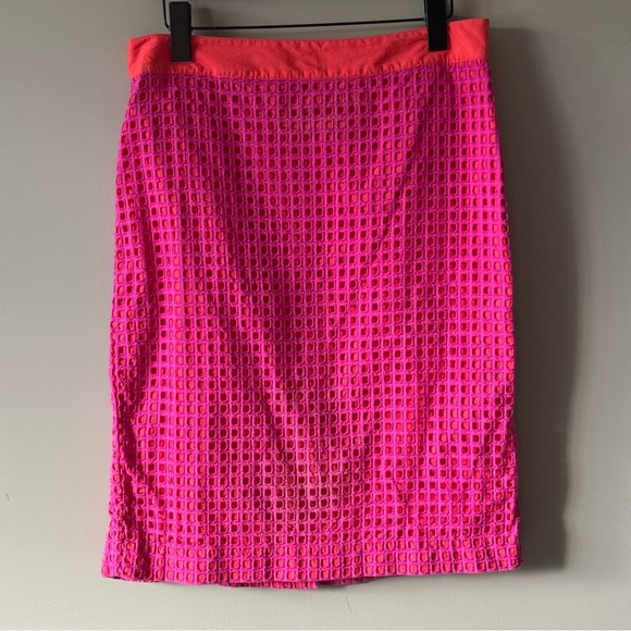 TALBOTS SQUARE EYELET PENCIL SKIRT SIZE 8 BRIGHT PINK FUSCIA & BRIGHT ORANGE - Picture 1 of 5
